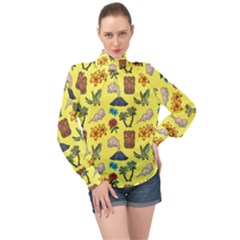 Tropical Island Tiki Parrots, Mask And Palm Trees High Neck Long Sleeve Chiffon Top by DinzDas