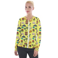 Tropical Island Tiki Parrots, Mask And Palm Trees Velvet Zip Up Jacket by DinzDas