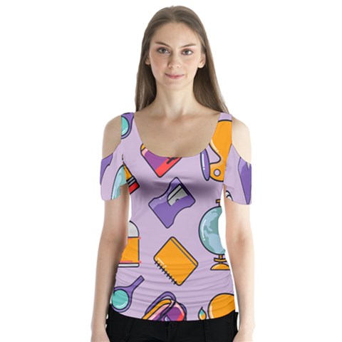 Back To School And Schools Out Kids Pattern Butterfly Sleeve Cutout Tee  by DinzDas