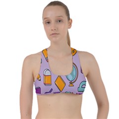 Back To School And Schools Out Kids Pattern Criss Cross Racerback Sports Bra by DinzDas