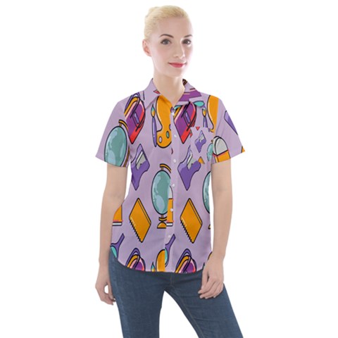 Back To School And Schools Out Kids Pattern Women s Short Sleeve Pocket Shirt by DinzDas