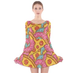 Fast Food Pizza And Donut Pattern Long Sleeve Velvet Skater Dress by DinzDas