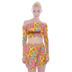 Fast Food Pizza And Donut Pattern Off Shoulder Top With Mini Skirt Set by DinzDas