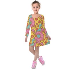 Fast Food Pizza And Donut Pattern Kids  Long Sleeve Velvet Dress by DinzDas