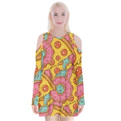 Fast Food Pizza And Donut Pattern Velvet Long Sleeve Shoulder Cutout Dress by DinzDas