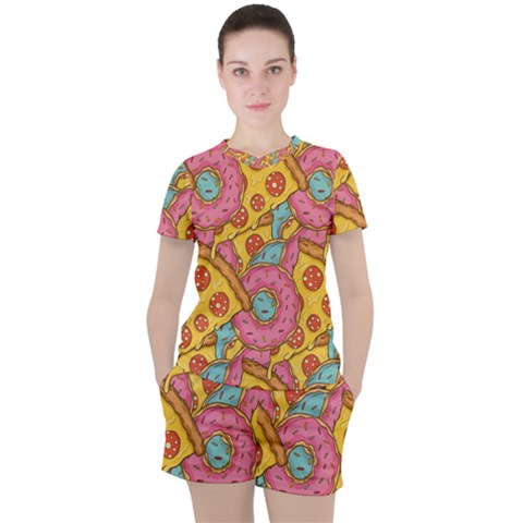 Fast Food Pizza And Donut Pattern Women s Tee And Shorts Set by DinzDas