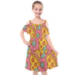 Fast Food Pizza And Donut Pattern Kids  Cut Out Shoulders Chiffon Dress by DinzDas