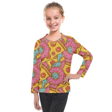 Fast Food Pizza And Donut Pattern Kids  Long Mesh Tee by DinzDas