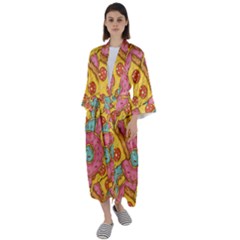 Fast Food Pizza And Donut Pattern Maxi Satin Kimono by DinzDas