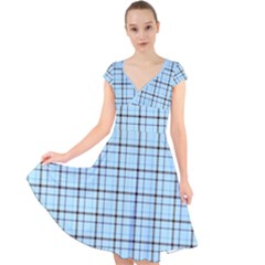 Sky Blue Tartan Plaid Pattern, With Black Lines Cap Sleeve Front Wrap Midi Dress by Casemiro