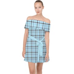 Sky Blue Tartan Plaid Pattern, With Black Lines Off Shoulder Chiffon Dress by Casemiro