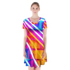 Pop Art Neon Wall Short Sleeve V-neck Flare Dress by essentialimage365