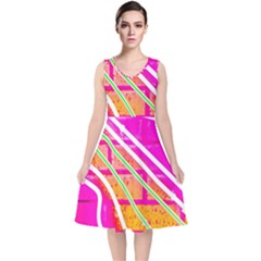 Pop Art Neon Wall V-neck Midi Sleeveless Dress 