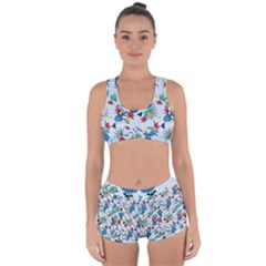 Blue Floral Stripes Racerback Boyleg Bikini Set by designsbymallika