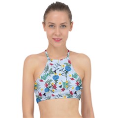 Blue Floral Stripes Racer Front Bikini Top by designsbymallika