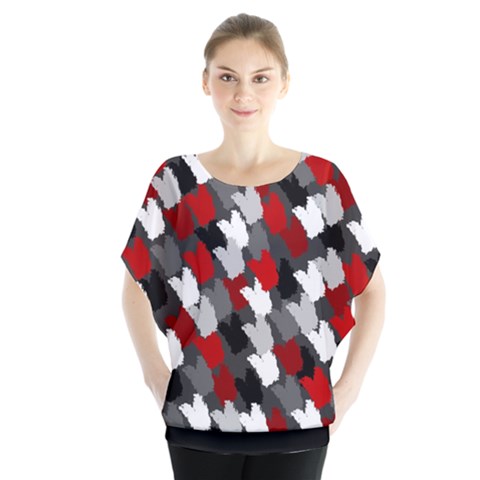 Abstract Paint Splashes, Mixed Colors, Black, Red, White Batwing Chiffon Blouse by Casemiro