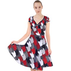 Abstract Paint Splashes, Mixed Colors, Black, Red, White Cap Sleeve Front Wrap Midi Dress
