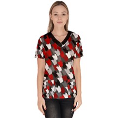 Abstract Paint Splashes, Mixed Colors, Black, Red, White Women s V-neck Scrub Top by Casemiro