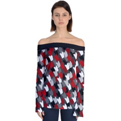 Abstract Paint Splashes, Mixed Colors, Black, Red, White Off Shoulder Long Sleeve Top by Casemiro