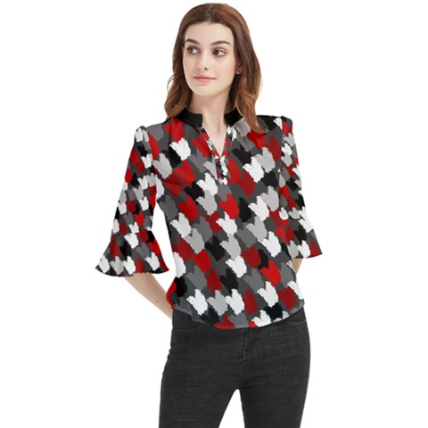 Abstract Paint Splashes, Mixed Colors, Black, Red, White Loose Horn Sleeve Chiffon Blouse by Casemiro