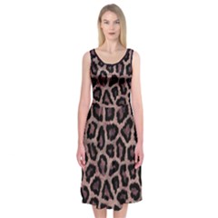 Realistic Leopard Fur Pattern, Brown, Black Spots Midi Sleeveless Dress