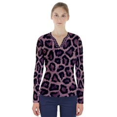 Realistic Leopard Fur Pattern, Brown, Black Spots V-neck Long Sleeve Top by Casemiro