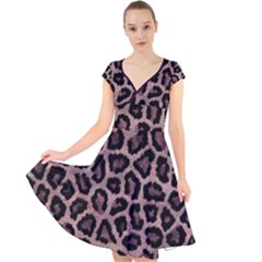 Realistic Leopard Fur Pattern, Brown, Black Spots Cap Sleeve Front Wrap Midi Dress by Casemiro