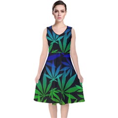 Weed Rainbow, Ganja Leafs Pattern In Colors, 420 Marihujana Theme V-neck Midi Sleeveless Dress  by Casemiro