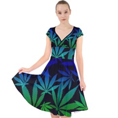 Weed Rainbow, Ganja Leafs Pattern In Colors, 420 Marihujana Theme Cap Sleeve Front Wrap Midi Dress by Casemiro