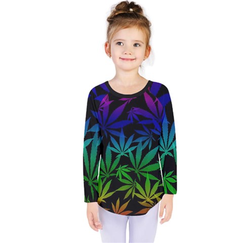 Weed Rainbow, Ganja Leafs Pattern In Colors, 420 Marihujana Theme Kids  Long Sleeve Tee by Casemiro