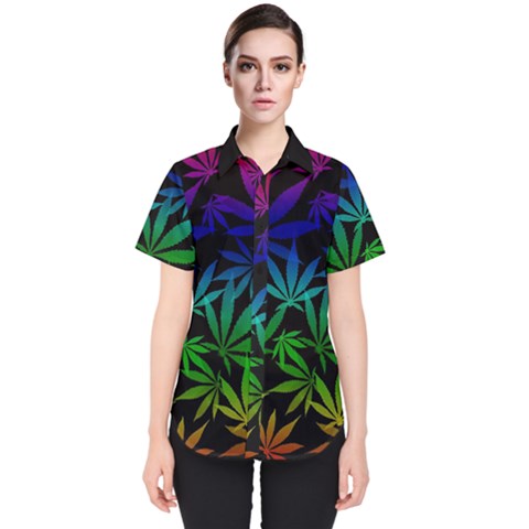 Weed Rainbow, Ganja Leafs Pattern In Colors, 420 Marihujana Theme Women s Short Sleeve Shirt by Casemiro