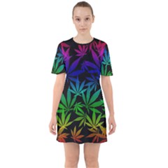 Weed Rainbow, Ganja Leafs Pattern In Colors, 420 Marihujana Theme Sixties Short Sleeve Mini Dress by Casemiro