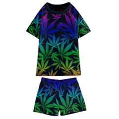 Weed Rainbow, Ganja Leafs Pattern In Colors, 420 Marihujana Theme Kids  Swim Tee And Shorts Set by Casemiro