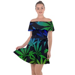 Weed Rainbow, Ganja Leafs Pattern In Colors, 420 Marihujana Theme Off Shoulder Velour Dress by Casemiro