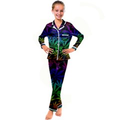 Weed Rainbow, Ganja Leafs Pattern In Colors, 420 Marihujana Theme Kid s Satin Long Sleeve Pajamas Set by Casemiro