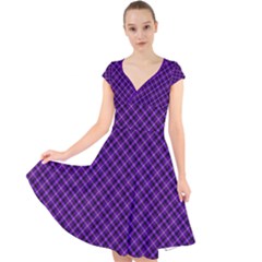Purple, Black And Yellow Color Plaid, Retro Tartan Pattern Cap Sleeve Front Wrap Midi Dress