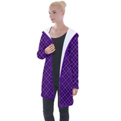 Purple, Black And Yellow Color Plaid, Retro Tartan Pattern Longline Hooded Cardigan by Casemiro