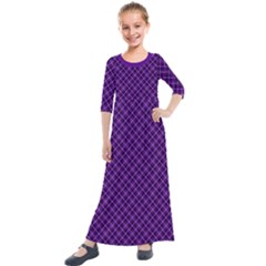 Purple, Black And Yellow Color Plaid, Retro Tartan Pattern Kids  Quarter Sleeve Maxi Dress by Casemiro