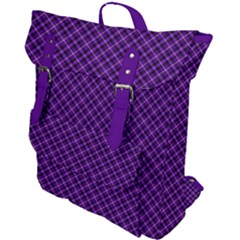 Purple, Black And Yellow Color Plaid, Retro Tartan Pattern Buckle Up Backpack by Casemiro