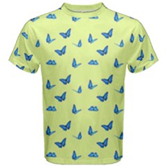 Blue butterflies at lemon yellow, nature themed pattern Men s Cotton Tee