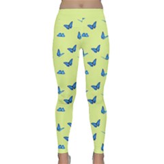 Blue butterflies at lemon yellow, nature themed pattern Classic Yoga Leggings