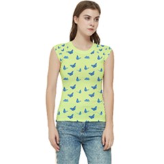 Blue butterflies at lemon yellow, nature themed pattern Women s Raglan Cap Sleeve Tee