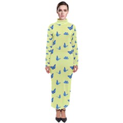 Blue butterflies at lemon yellow, nature themed pattern Turtleneck Maxi Dress