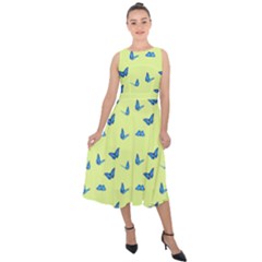 Blue butterflies at lemon yellow, nature themed pattern Midi Tie-Back Chiffon Dress