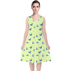 Blue butterflies at lemon yellow, nature themed pattern V-Neck Midi Sleeveless Dress 
