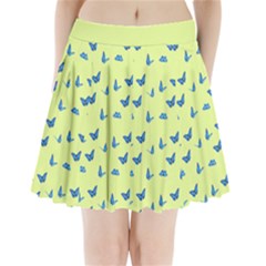 Blue butterflies at lemon yellow, nature themed pattern Pleated Mini Skirt