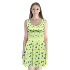 Blue Butterflies At Lemon Yellow, Nature Themed Pattern Split Back Mini Dress  by Casemiro