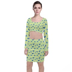 Blue Butterflies At Lemon Yellow, Nature Themed Pattern Top And Skirt Sets by Casemiro