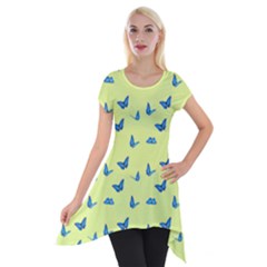 Blue butterflies at lemon yellow, nature themed pattern Short Sleeve Side Drop Tunic