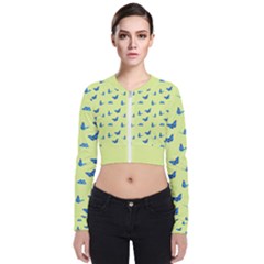 Blue butterflies at lemon yellow, nature themed pattern Long Sleeve Zip Up Bomber Jacket